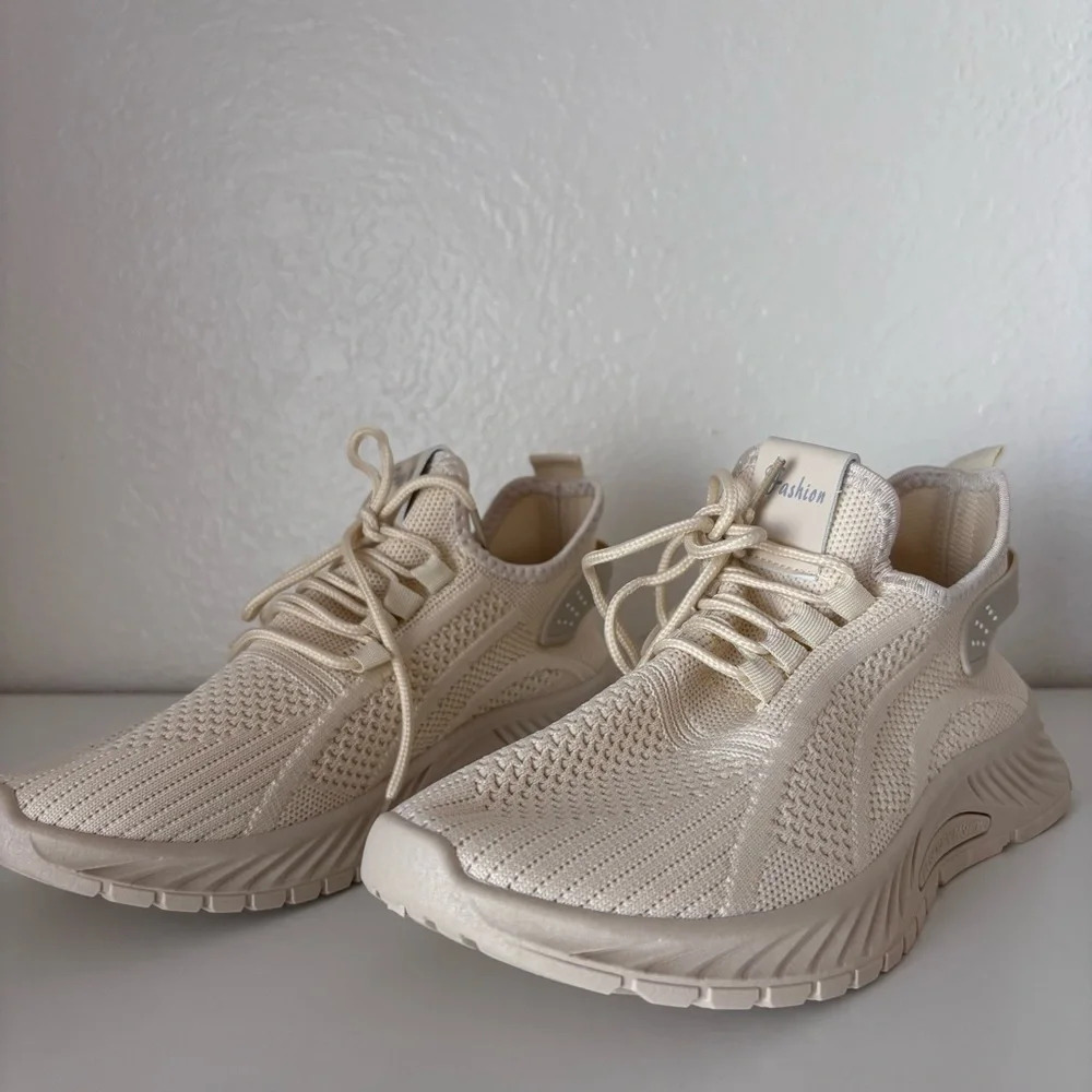 Cream Athletic Shoes with Breathable Fabric and Thick Sole